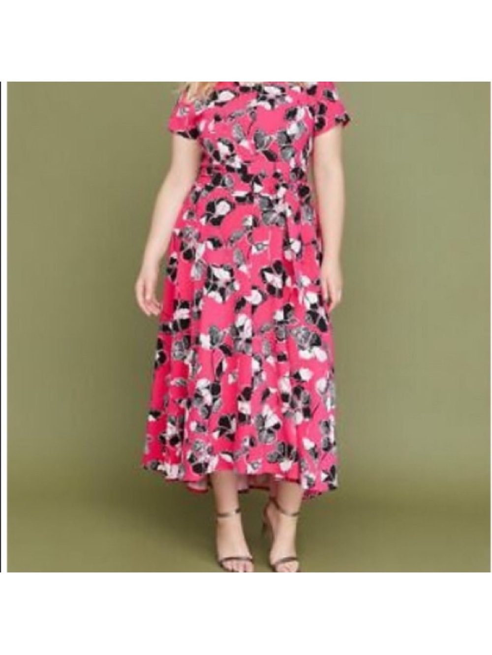 Lane Bryant Pink Floral Midi Dress with Black & White Accents